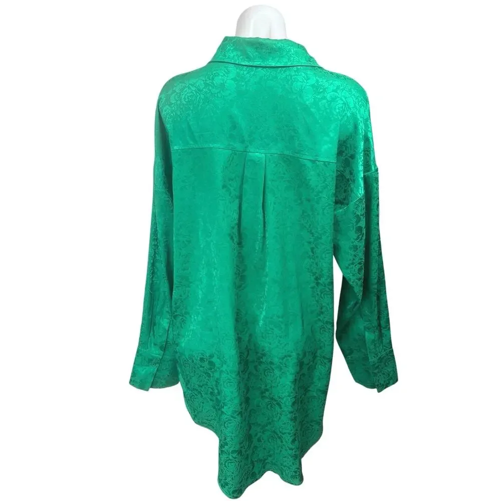 12th Tribe Green Silky Satin Floral Long Sleeve Button Down Mini Shirt Dress M